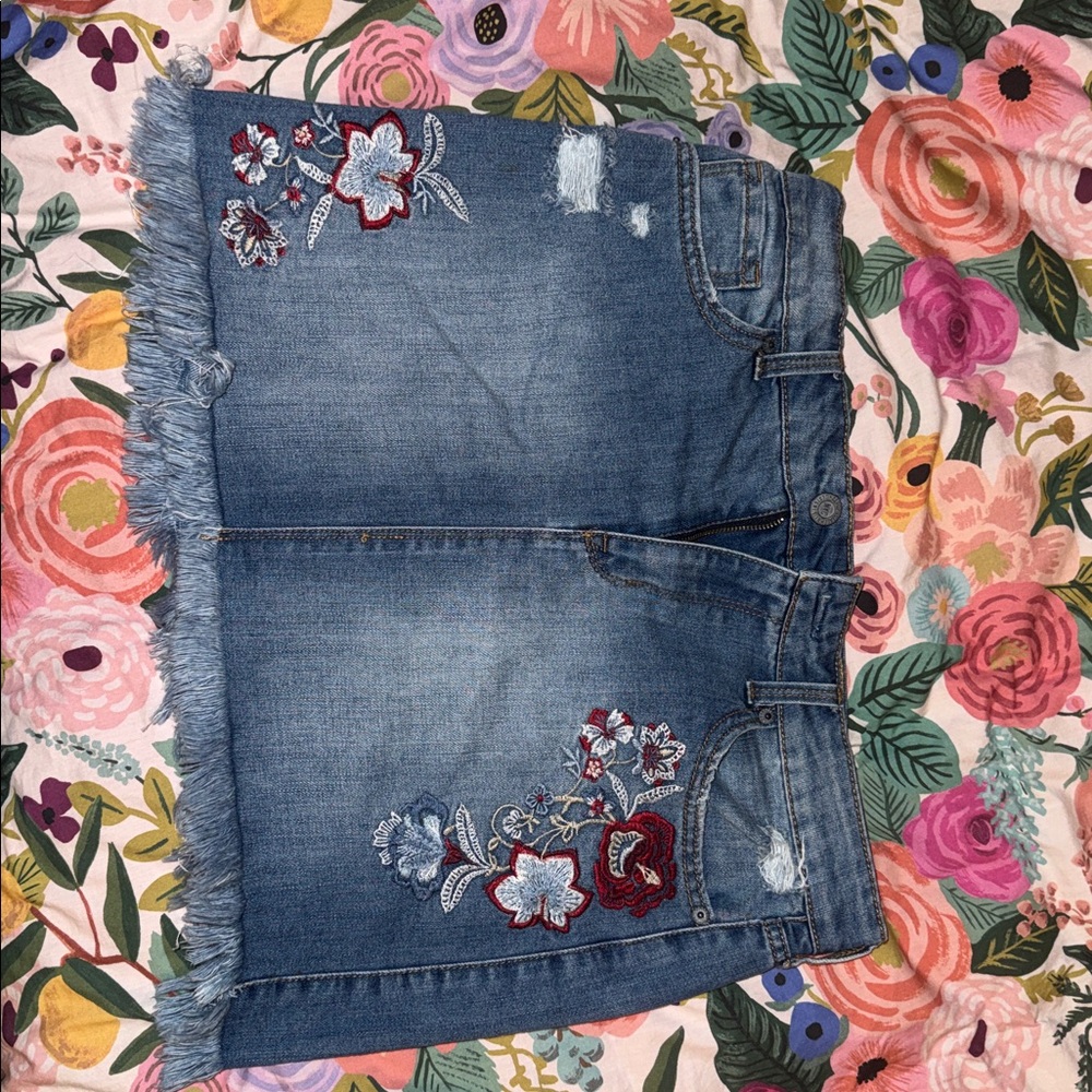 Y2K Aeropostale Embroidered Denim Fringe Skirt